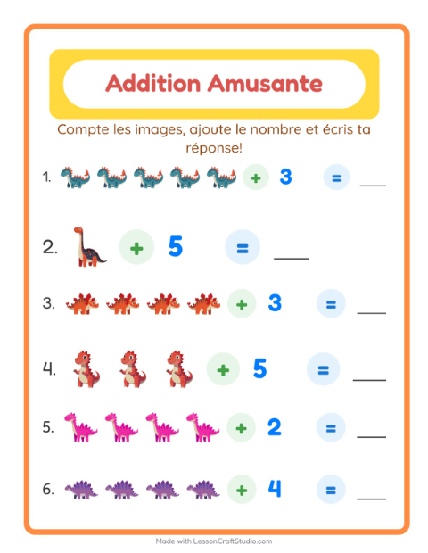 Aperçu de la fiche Addition avec Dinosaures pour École maternelle (grande section, 5-7 ans)