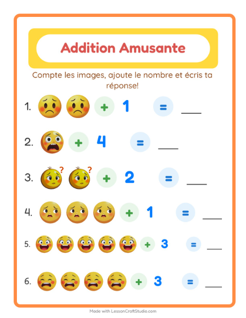 Aperçu de la fiche Addition avec Émotions pour École maternelle (grande section, 5-7 ans)