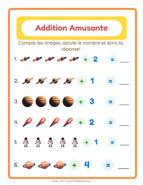 Aperçu de la fiche Addition avec Espace pour École maternelle (grande section, 5-7 ans)