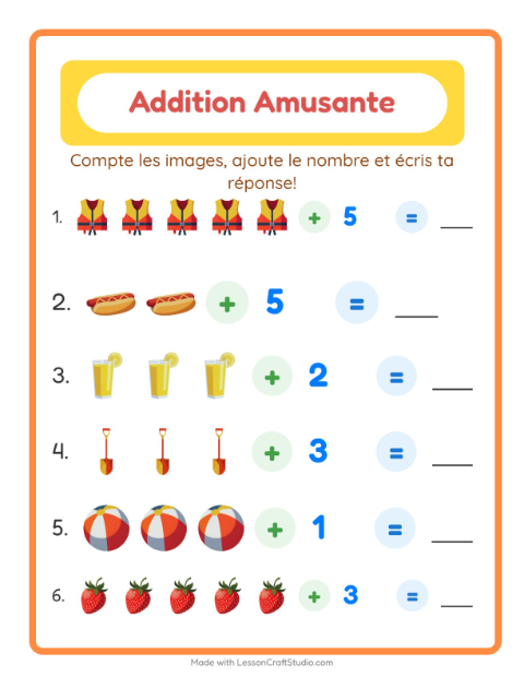 Aperçu de la fiche Addition avec Été pour École maternelle (grande section, 5-7 ans)