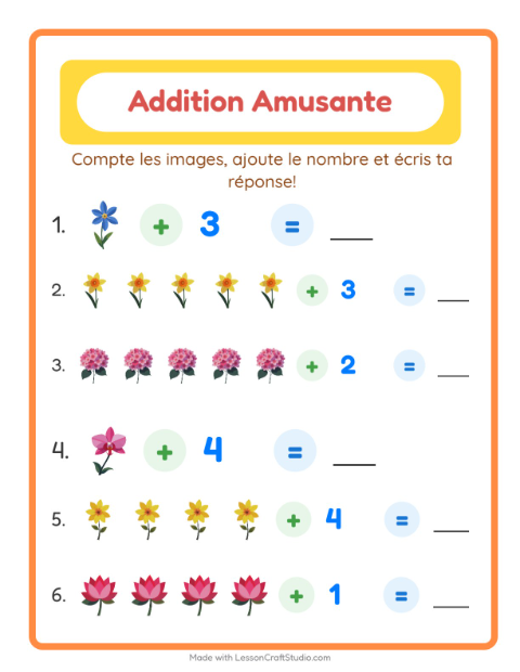 Aperçu de la fiche Addition avec Fleurs pour École maternelle (grande section, 5-7 ans)