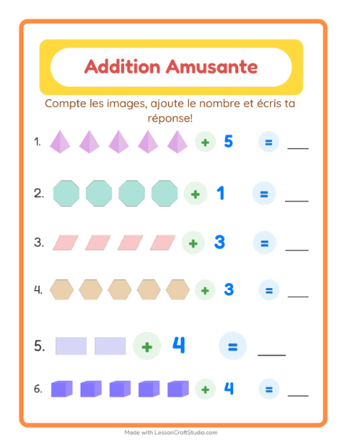 Aperçu de la fiche Addition avec Formes pour École maternelle (grande section, 5-7 ans)