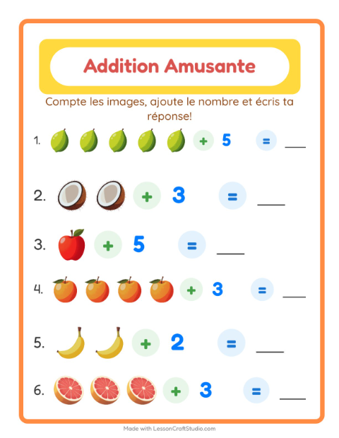 Aperçu de la fiche Addition avec Fruits pour École maternelle (grande section, 5-7 ans)