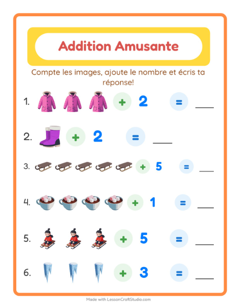 Aperçu de la fiche Addition avec Hiver pour École maternelle (grande section, 5-7 ans)