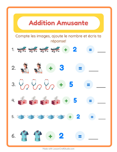 Aperçu de la fiche Addition avec Hôpital pour École maternelle (grande section, 5-7 ans)