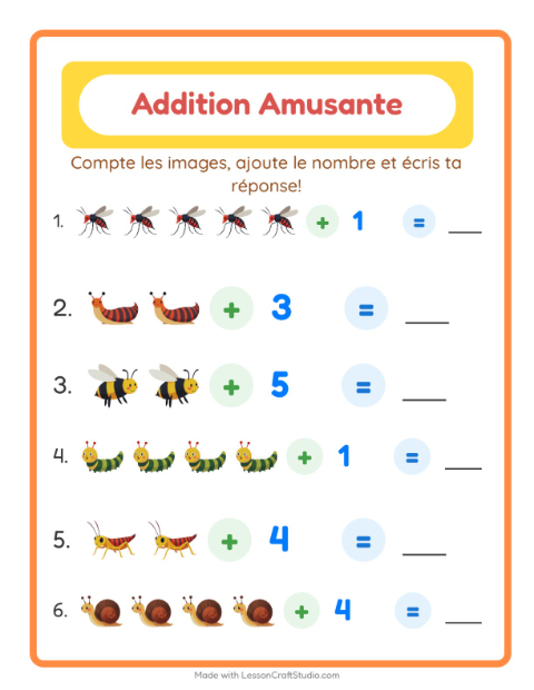 Aperçu de la fiche Addition avec Insectes et bestioles pour École maternelle (grande section, 5-7 ans)