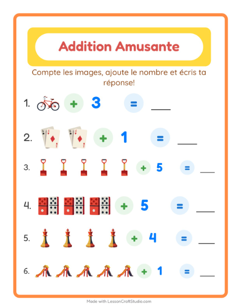 Aperçu de la fiche Addition avec Jouets pour École maternelle (grande section, 5-7 ans)