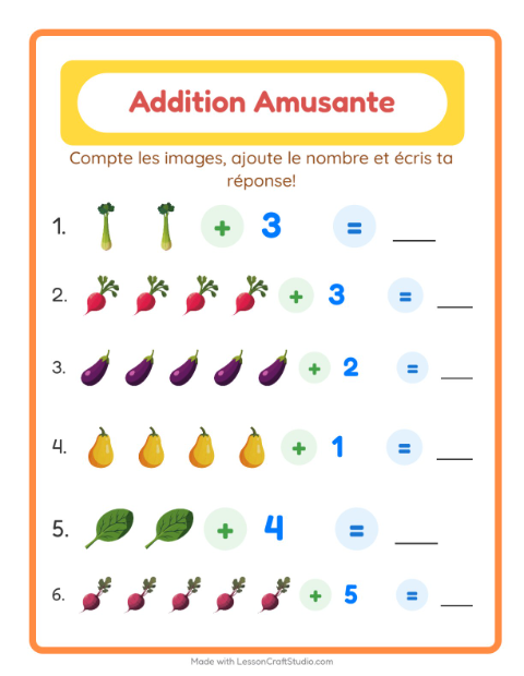 Aperçu de la fiche Addition avec Légumes pour École maternelle (grande section, 5-7 ans)