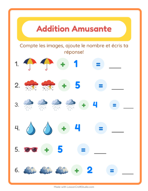 Aperçu de la fiche Addition avec Météo pour École maternelle (grande section, 5-7 ans)