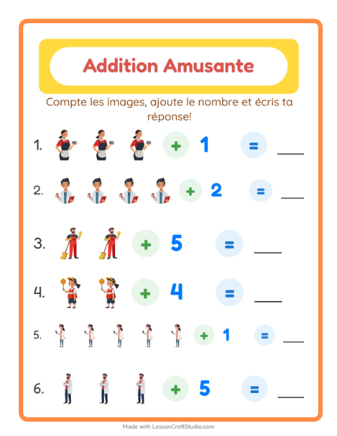 Aperçu de la fiche Addition avec Métiers pour École maternelle (grande section, 5-7 ans)