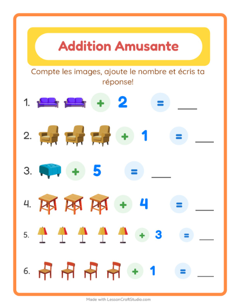 Aperçu de la fiche Addition avec Meubles pour École maternelle (grande section, 5-7 ans)