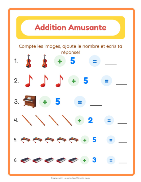Aperçu de la fiche Addition avec Musique pour École maternelle (grande section, 5-7 ans)