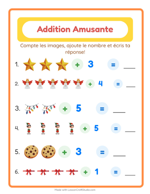 Aperçu de la fiche Addition avec Noël pour École maternelle (grande section, 5-7 ans)