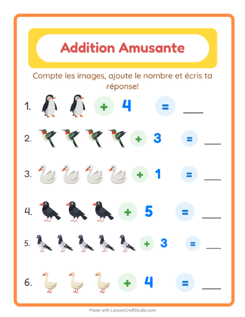 Aperçu de la fiche Addition avec Oiseaux 2 pour École maternelle (grande section, 5-7 ans)