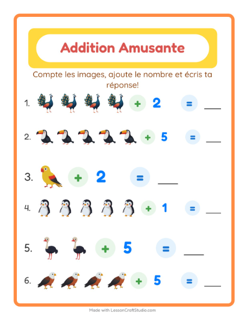 Aperçu de la fiche Addition avec Oiseaux pour École maternelle (grande section, 5-7 ans)