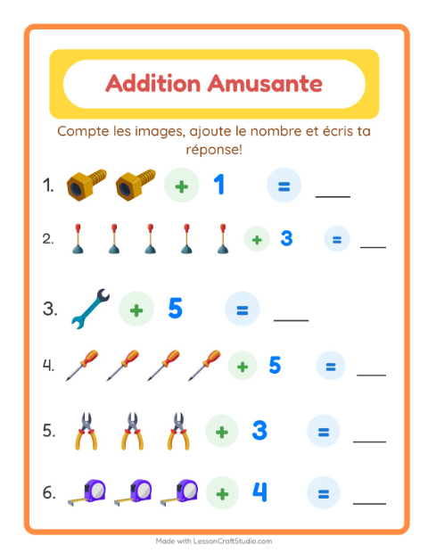 Aperçu de la fiche Addition avec Outils pour École maternelle (grande section, 5-7 ans)