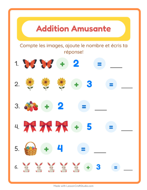 Aperçu de la fiche Addition avec Pâques pour École maternelle (grande section, 5-7 ans)
