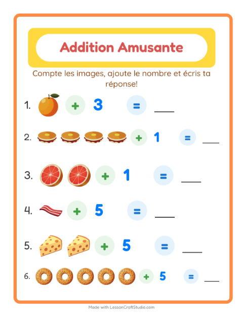 Aperçu de la fiche Addition avec Petit-déjeuner pour École maternelle (grande section, 5-7 ans)