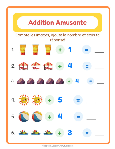 Aperçu de la fiche Addition avec Plage pour École maternelle (grande section, 5-7 ans)
