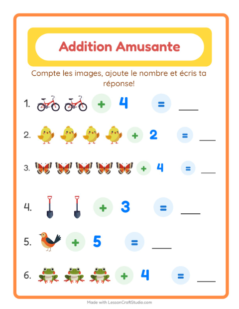 Aperçu de la fiche Addition avec Printemps pour École maternelle (grande section, 5-7 ans)