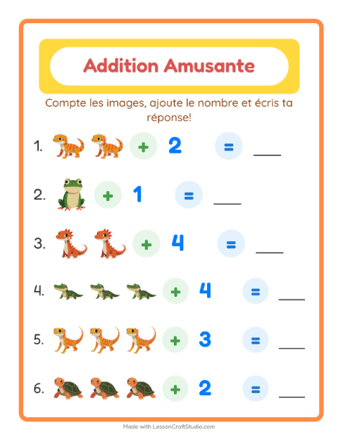 Aperçu de la fiche Addition avec Reptiles et amphibiens pour École maternelle (grande section, 5-7 ans)