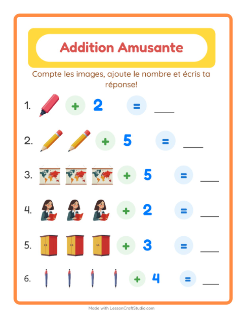Aperçu de la fiche Addition avec Salle de classe pour École maternelle (grande section, 5-7 ans)