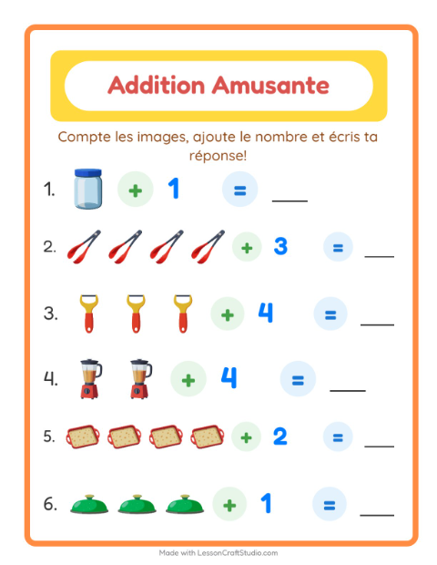 Aperçu de la fiche Addition avec Ustensiles de cuisine pour École maternelle (grande section, 5-7 ans)