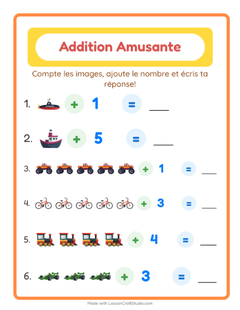 Aperçu de la fiche Addition avec Véhicules pour École maternelle (grande section, 5-7 ans)