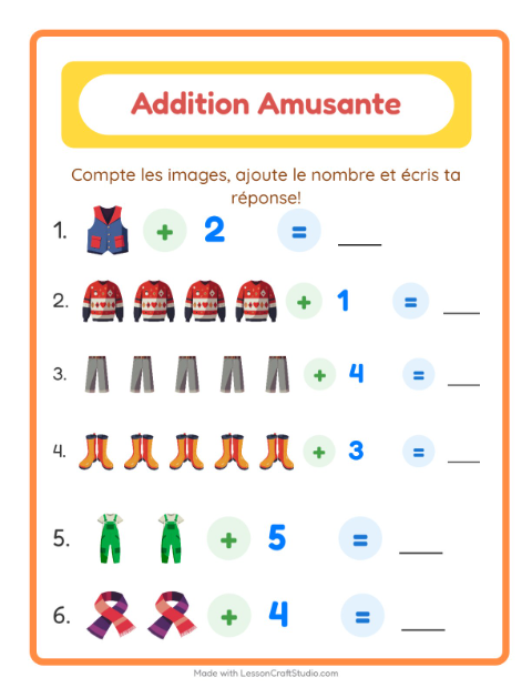 Aperçu de la fiche Addition avec Vêtements pour École maternelle (grande section, 5-7 ans)