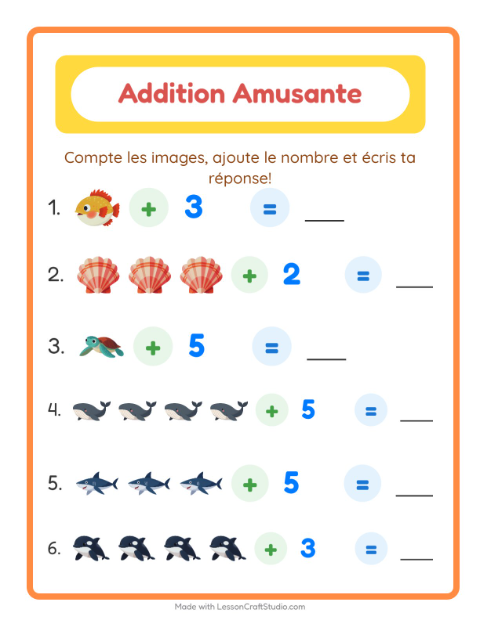 Aperçu de la fiche Addition avec Vie océanique pour École maternelle (grande section, 5-7 ans)