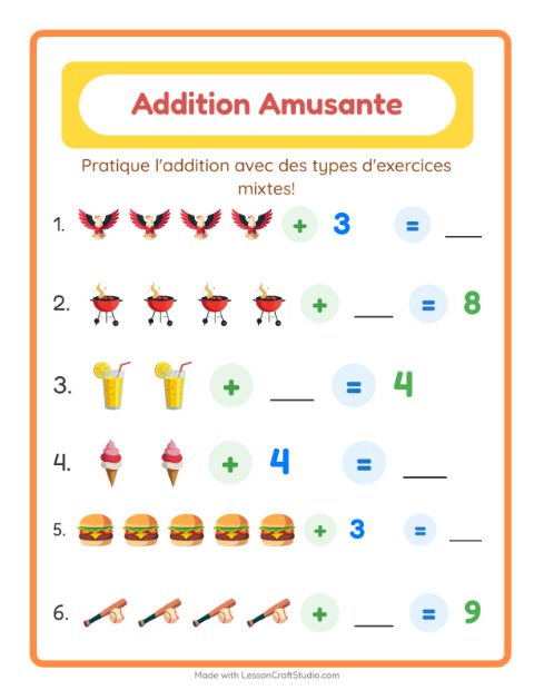Aperçu de la fiche Addition avec 4 juillet pour École maternelle (grande section, 5-7 ans)