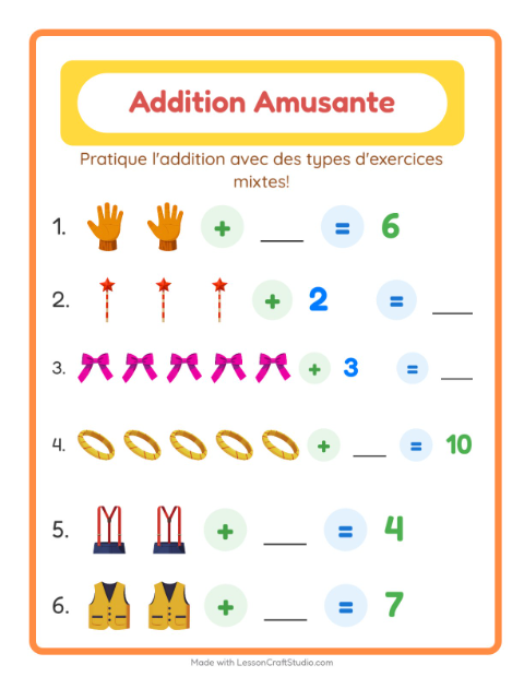 Aperçu de la fiche Addition avec Accessoires pour École maternelle (grande section, 5-7 ans)