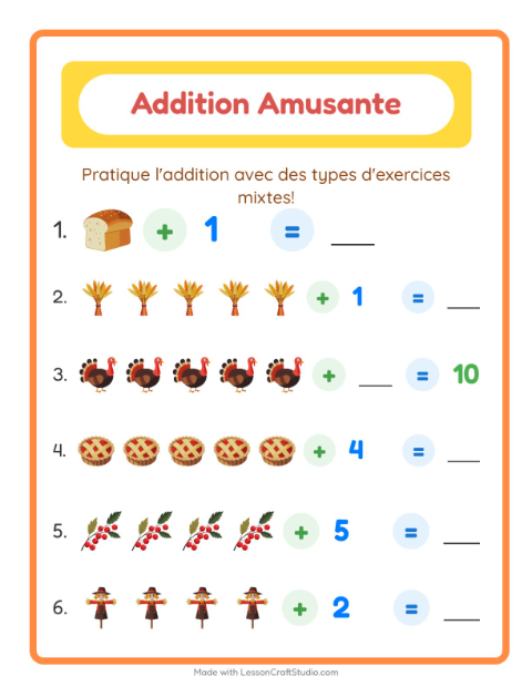 Aperçu de la fiche Addition avec Action de grâce pour École maternelle (grande section, 5-7 ans)