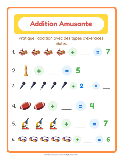 Aperçu de la fiche Addition avec Activités pour École maternelle (grande section, 5-7 ans)
