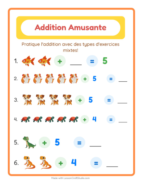 Aperçu de la fiche Addition avec Animaux de compagnie pour École maternelle (grande section, 5-7 ans)