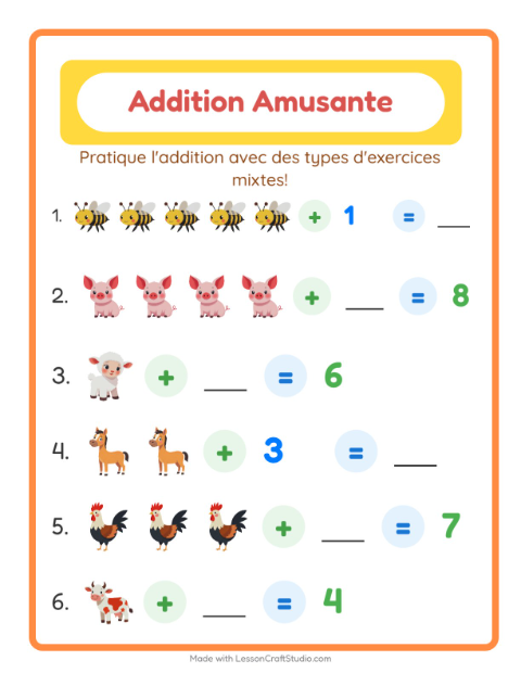 Aperçu de la fiche Addition avec Animaux de la ferme pour École maternelle (grande section, 5-7 ans)