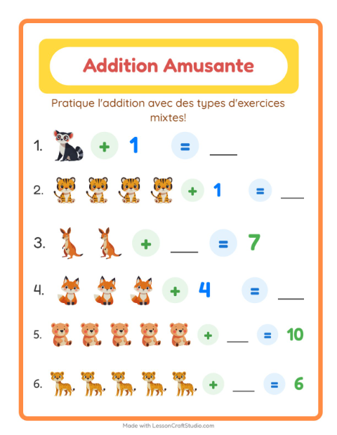 Aperçu de la fiche Addition avec Animaux du zoo pour École maternelle (grande section, 5-7 ans)