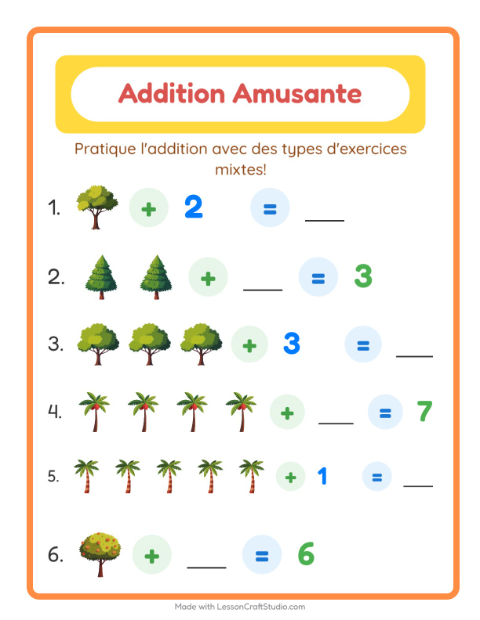 Aperçu de la fiche Addition avec Arbres pour École maternelle (grande section, 5-7 ans)