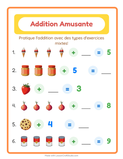 Aperçu de la fiche Addition avec Au supermarché pour École maternelle (grande section, 5-7 ans)