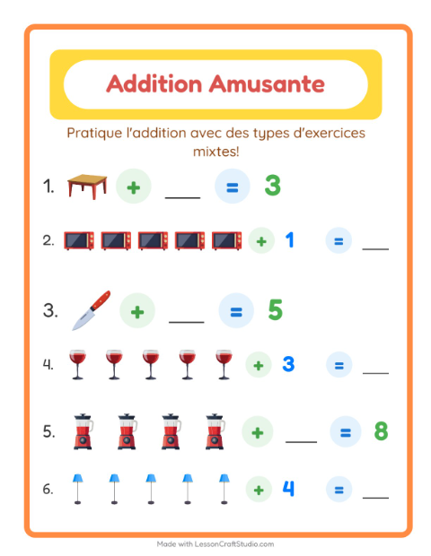 Aperçu de la fiche Addition avec Autour de la maison pour École maternelle (grande section, 5-7 ans)