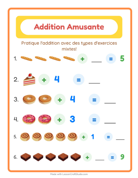 Aperçu de la fiche Addition avec Boulangerie pour École maternelle (grande section, 5-7 ans)