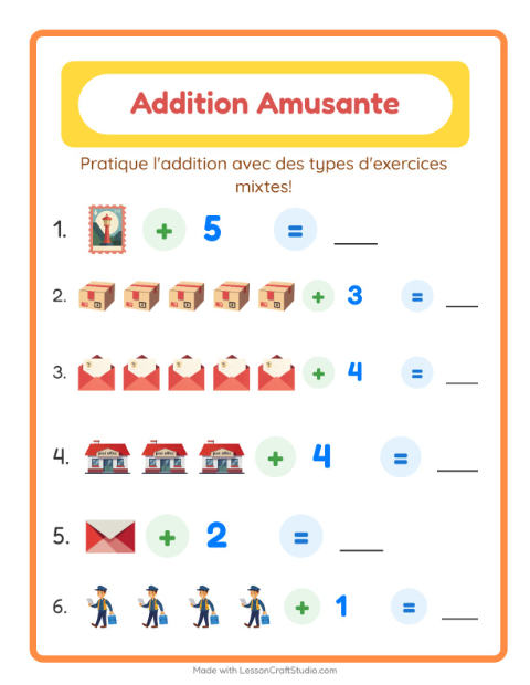 Aperçu de la fiche Addition avec Bureau de poste pour École maternelle (grande section, 5-7 ans)
