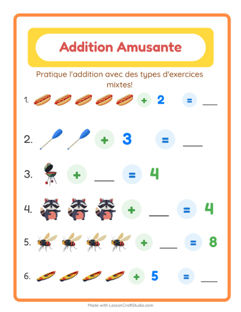 Aperçu de la fiche Addition avec Camping pour École maternelle (grande section, 5-7 ans)