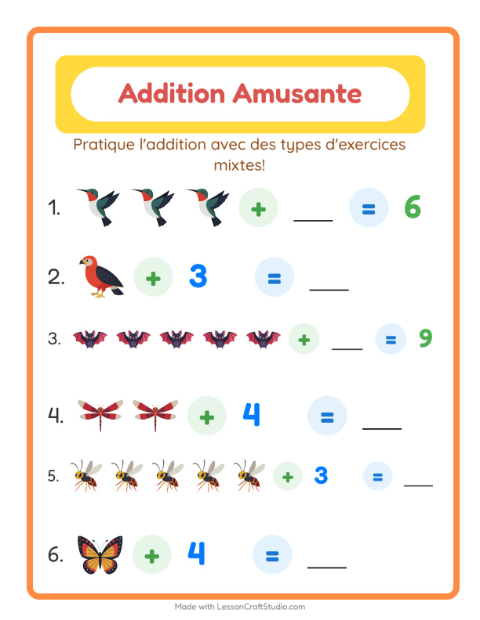 Aperçu de la fiche Addition avec Choses qui volent pour École maternelle (grande section, 5-7 ans)