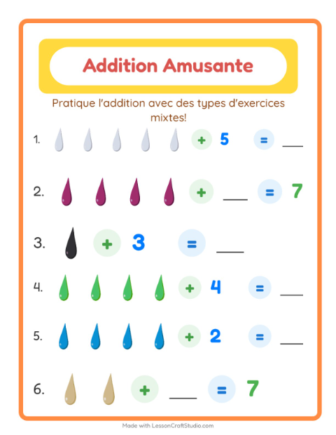 Aperçu de la fiche Addition avec Couleurs pour École maternelle (grande section, 5-7 ans)