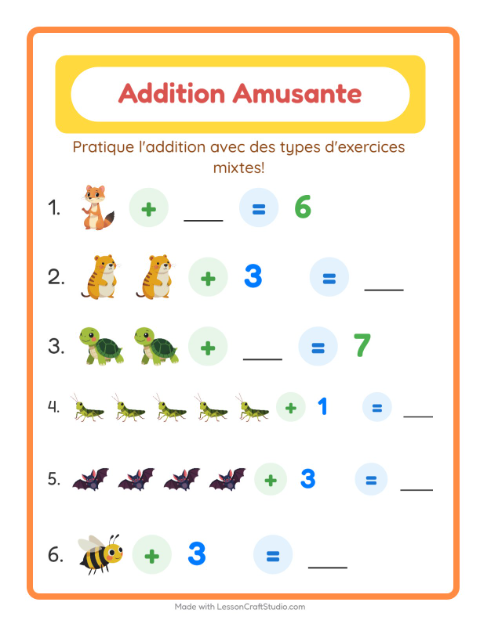 Aperçu de la fiche Addition avec Créatures de la forêt pour École maternelle (grande section, 5-7 ans)