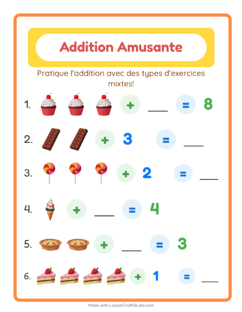 Aperçu de la fiche Addition avec Desserts et sucreries pour École maternelle (grande section, 5-7 ans)