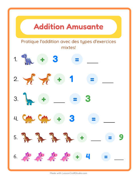 Aperçu de la fiche Addition avec Dinosaures pour École maternelle (grande section, 5-7 ans)