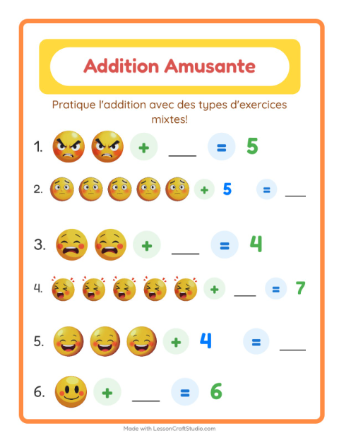 Aperçu de la fiche Addition avec Émotions pour École maternelle (grande section, 5-7 ans)