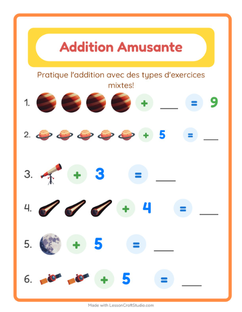 Aperçu : Additions CP : Espace – fiche à imprimer